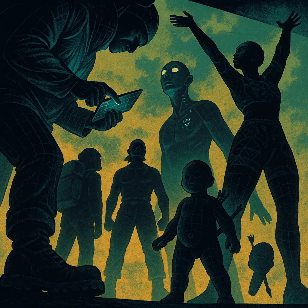 Six Towering Figures Interact Beneath a Toxic