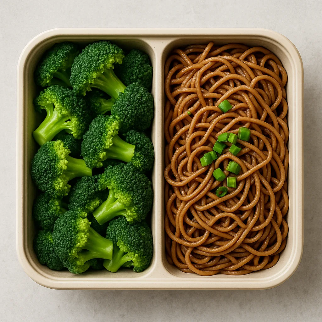 Bento-style Meal Featuring a Container of Cooked Broccoli