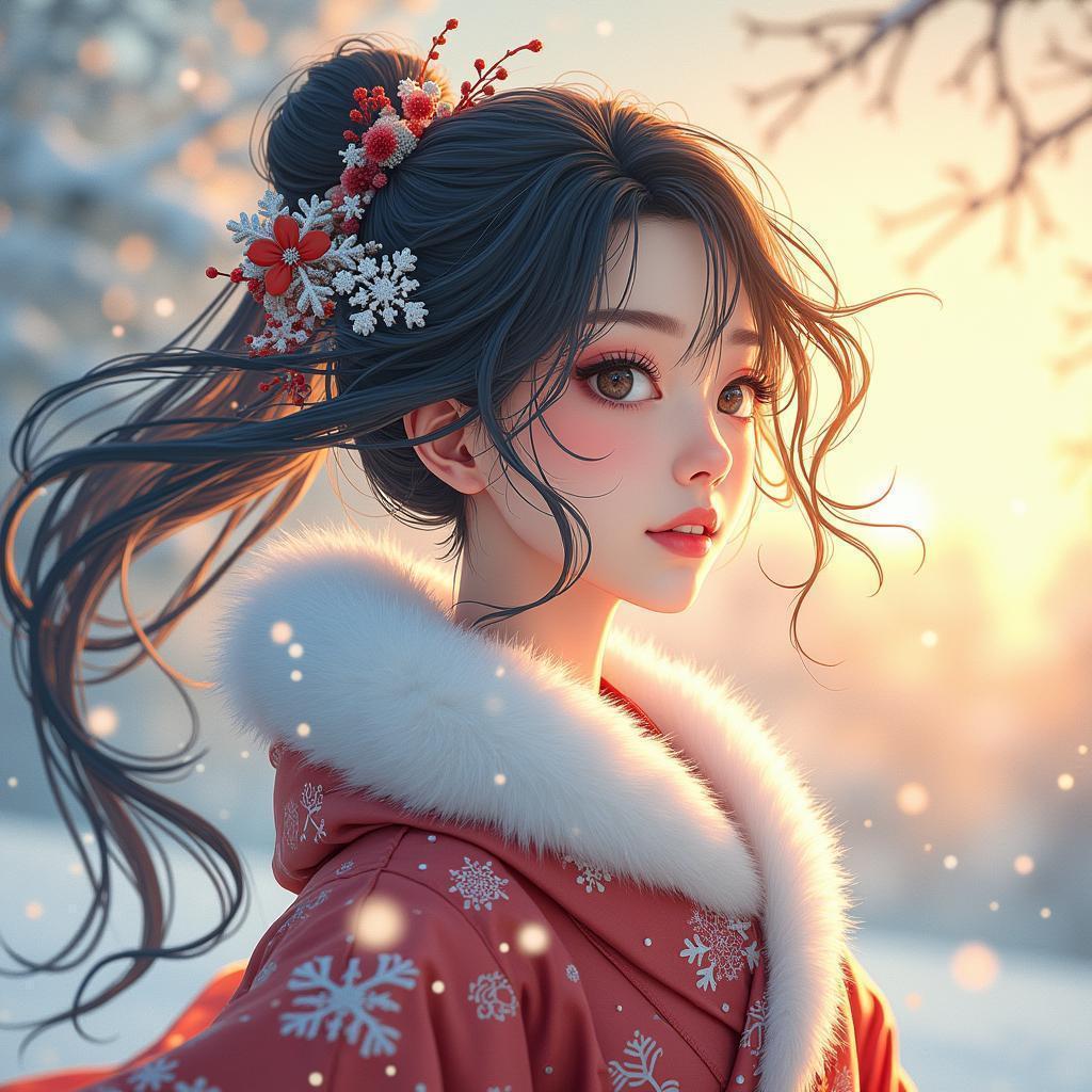 Snow Maiden in a Kimono of Falling Snowflakes