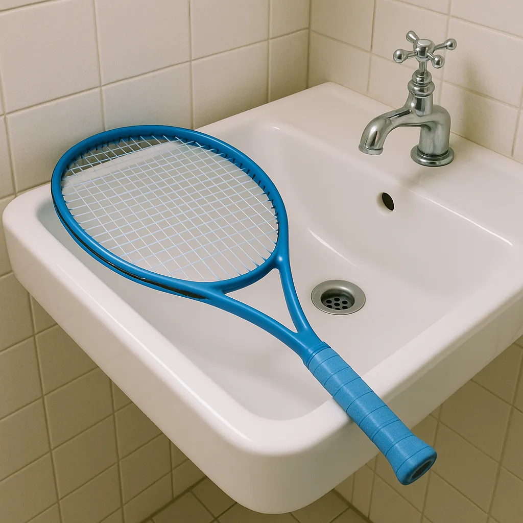 Showcasing a Blue Tennis Racket Positioned Beside a Sink