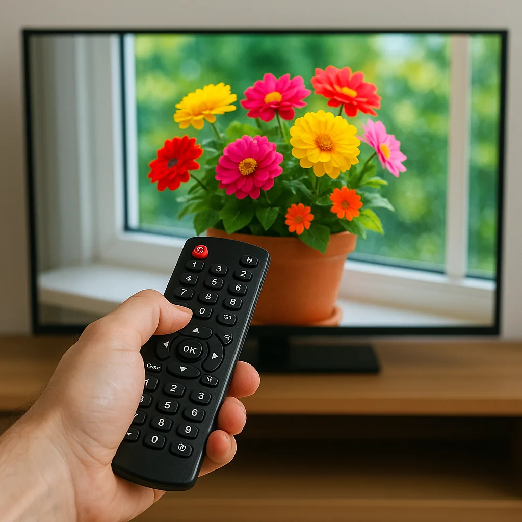 Hand Holding a TV Remote in Front of a Television