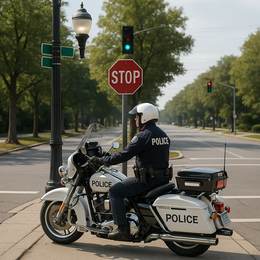 Motorcycle-mounted Police Officer Stationed by a Streetlight at the Crossroads
