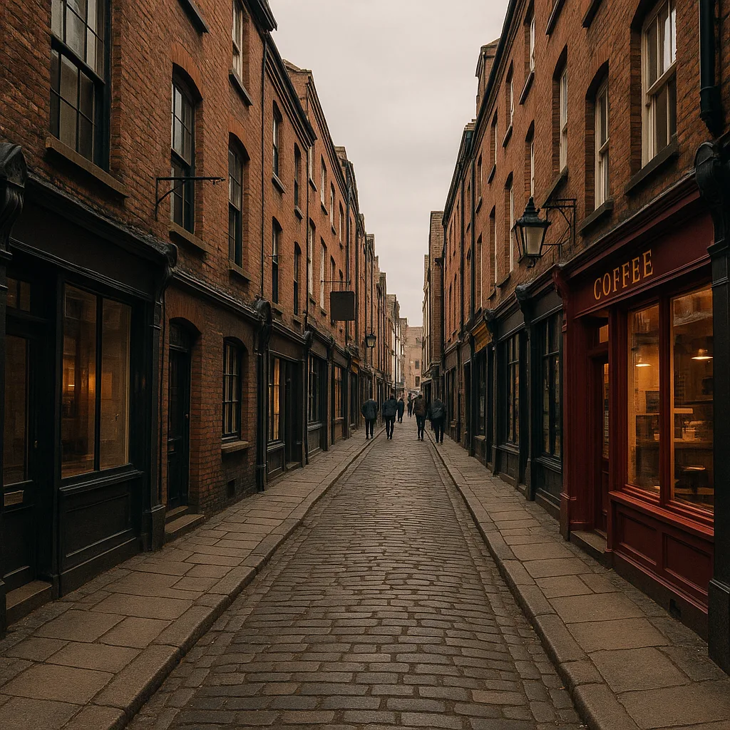 Narrow European Street Lined with Old Brick Buildings