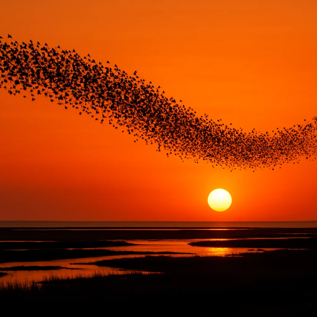 Vast Flock of Innumerable Birds Forms a Sweeping Dark Ribbon