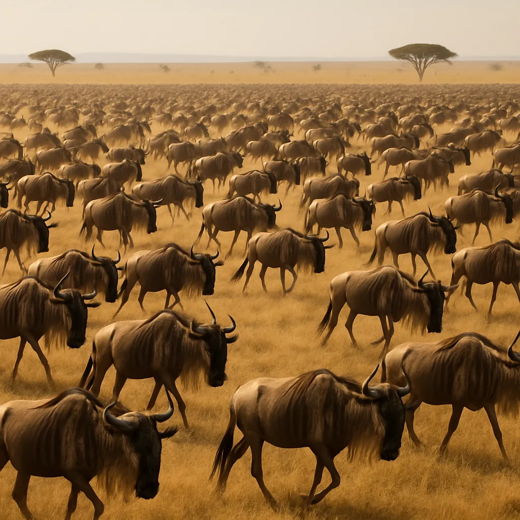 Vast Herd of Hundreds of Wildebeest Migrates Across an Expansive