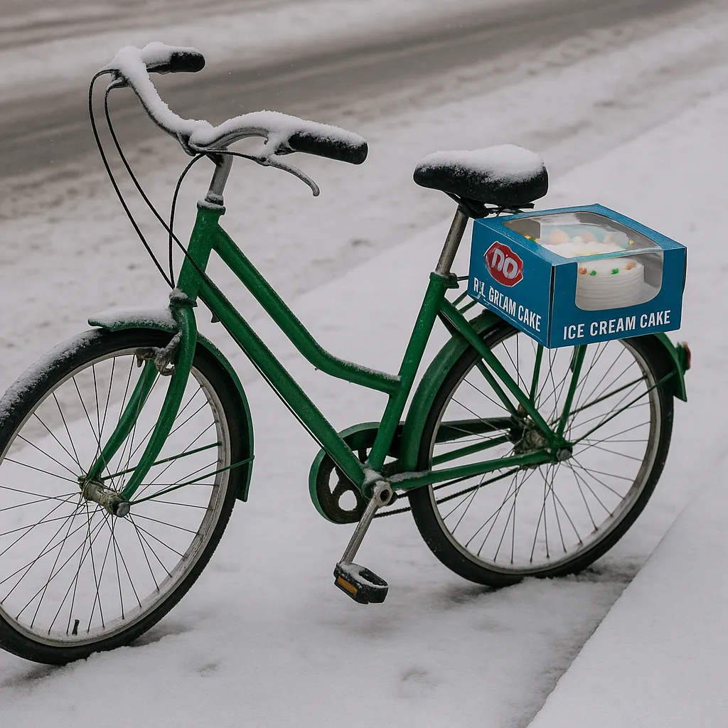 Green Bicycle Parked on a Snowy Sidewalk