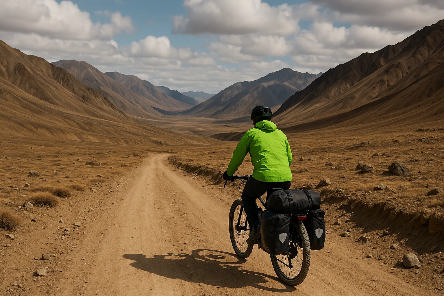 Cyclist Wearing a Bright Green Jacket Rides a Loaded Bike