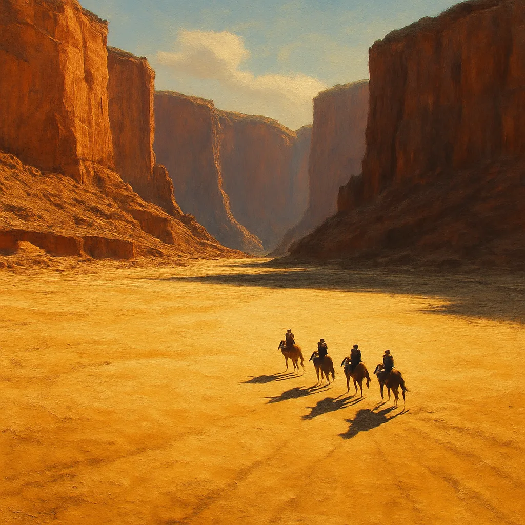 Few Tiny Figures on Horseback Slowly Traverse a Vast