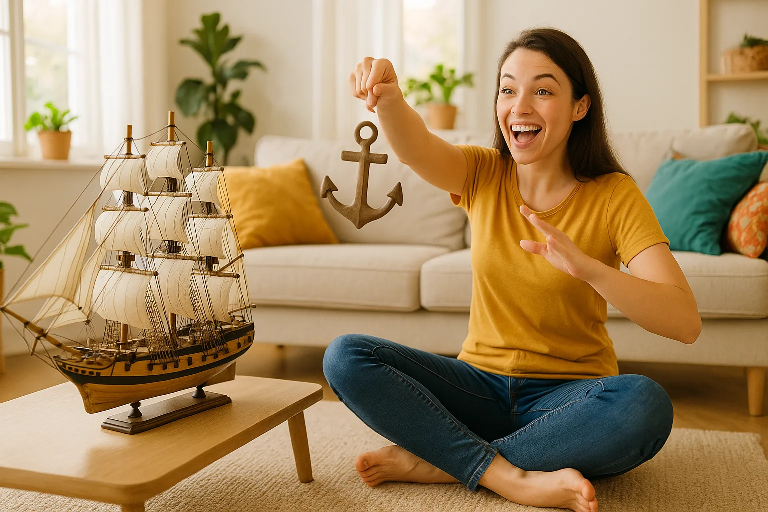 Finely Crafted Sailing Ship Model Rests on a Coffee Table