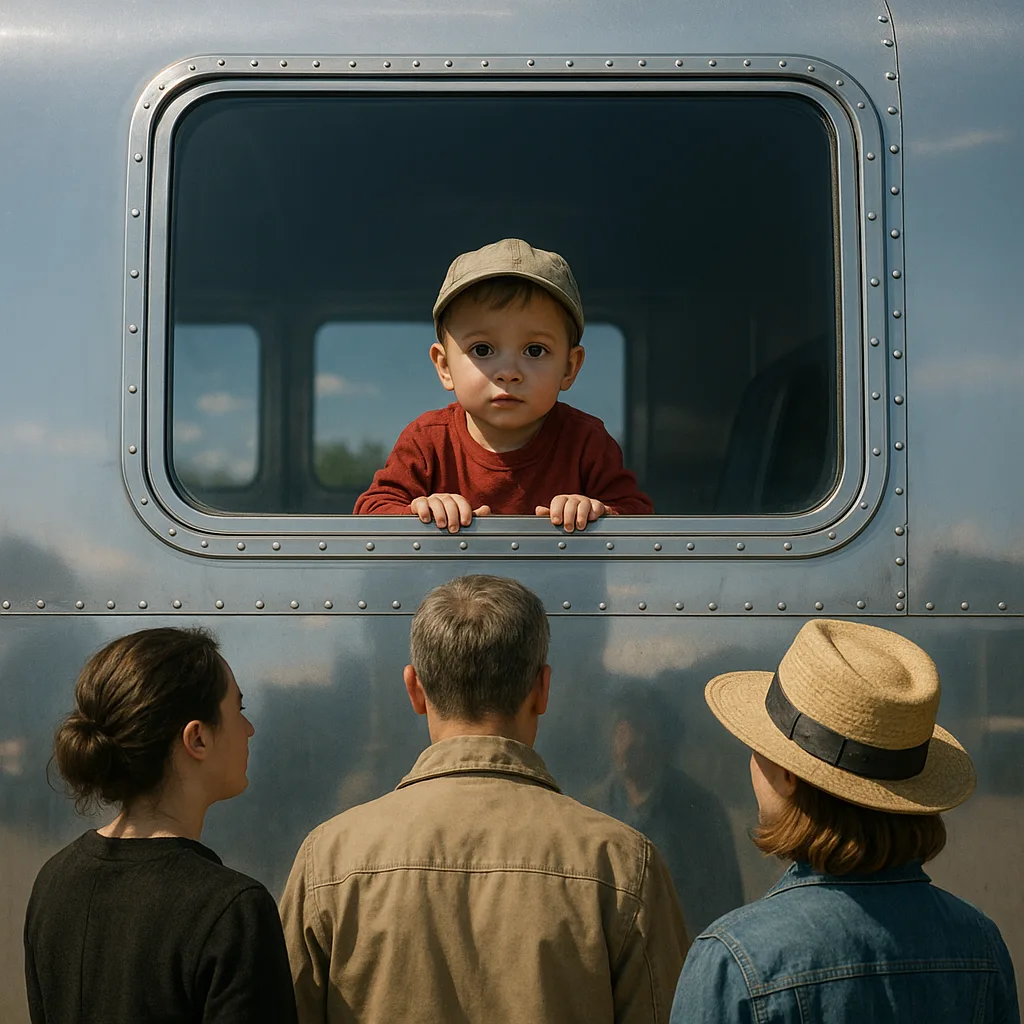 Child Peers Out of a Large Rectangular Window