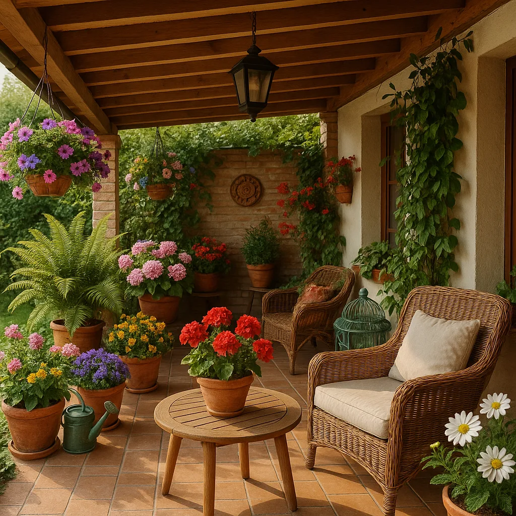 Cozy Covered Patio Filled with Vibrant Plants
