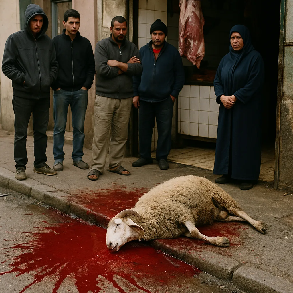 Group of People Stands near a Butcher Shop
