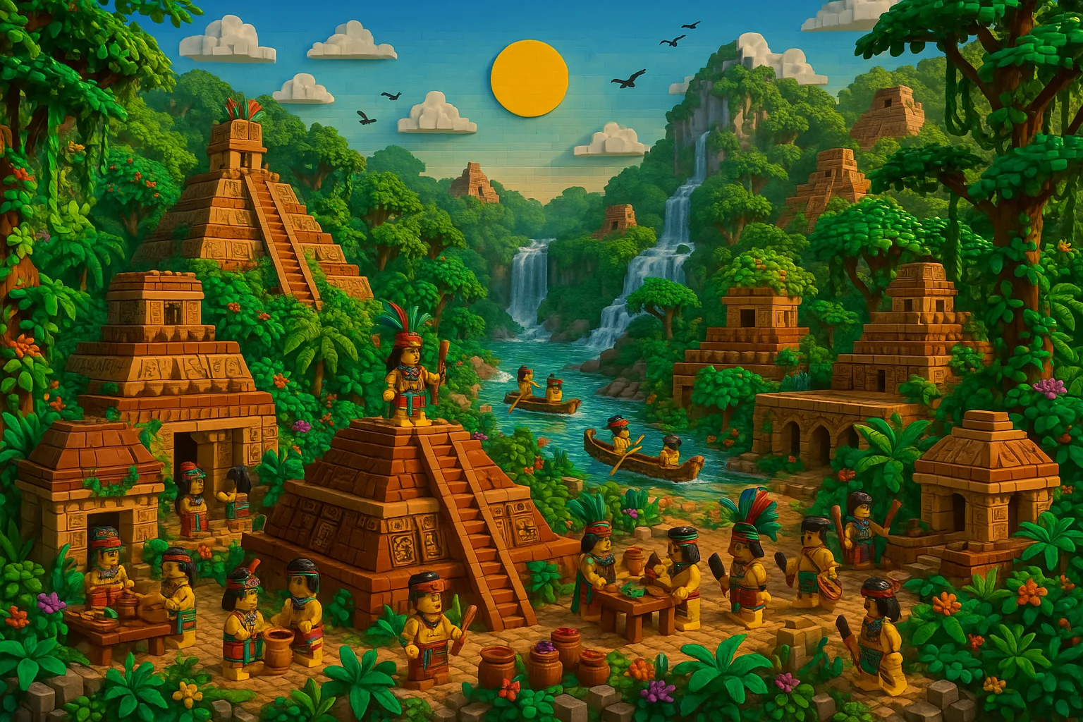 Intricately Detailed and Vibrant LEGO-style Diorama Showcasing an Ancient Mayan