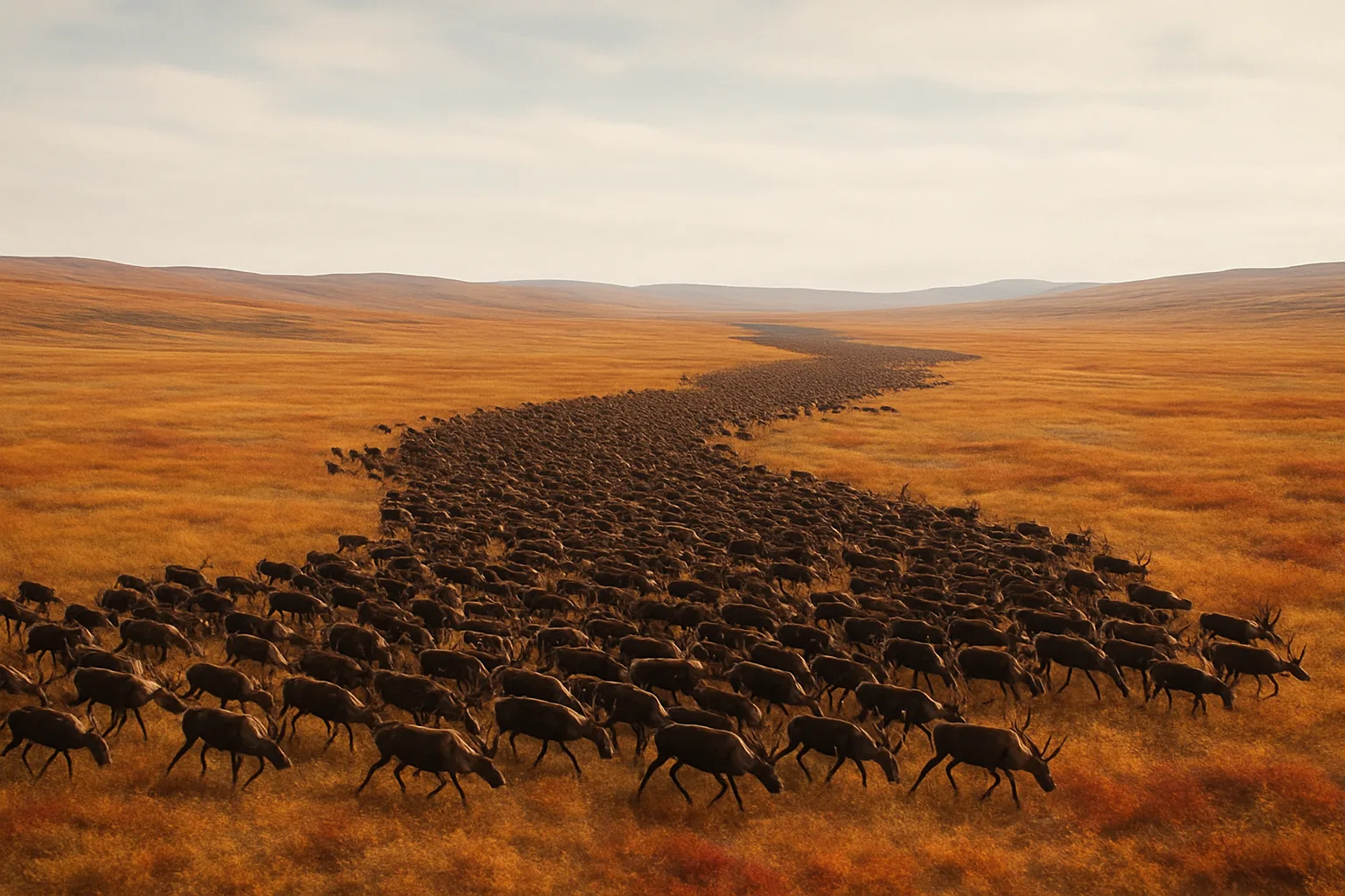Vast Herd of Migrating Caribou Flows Like a Dark River
