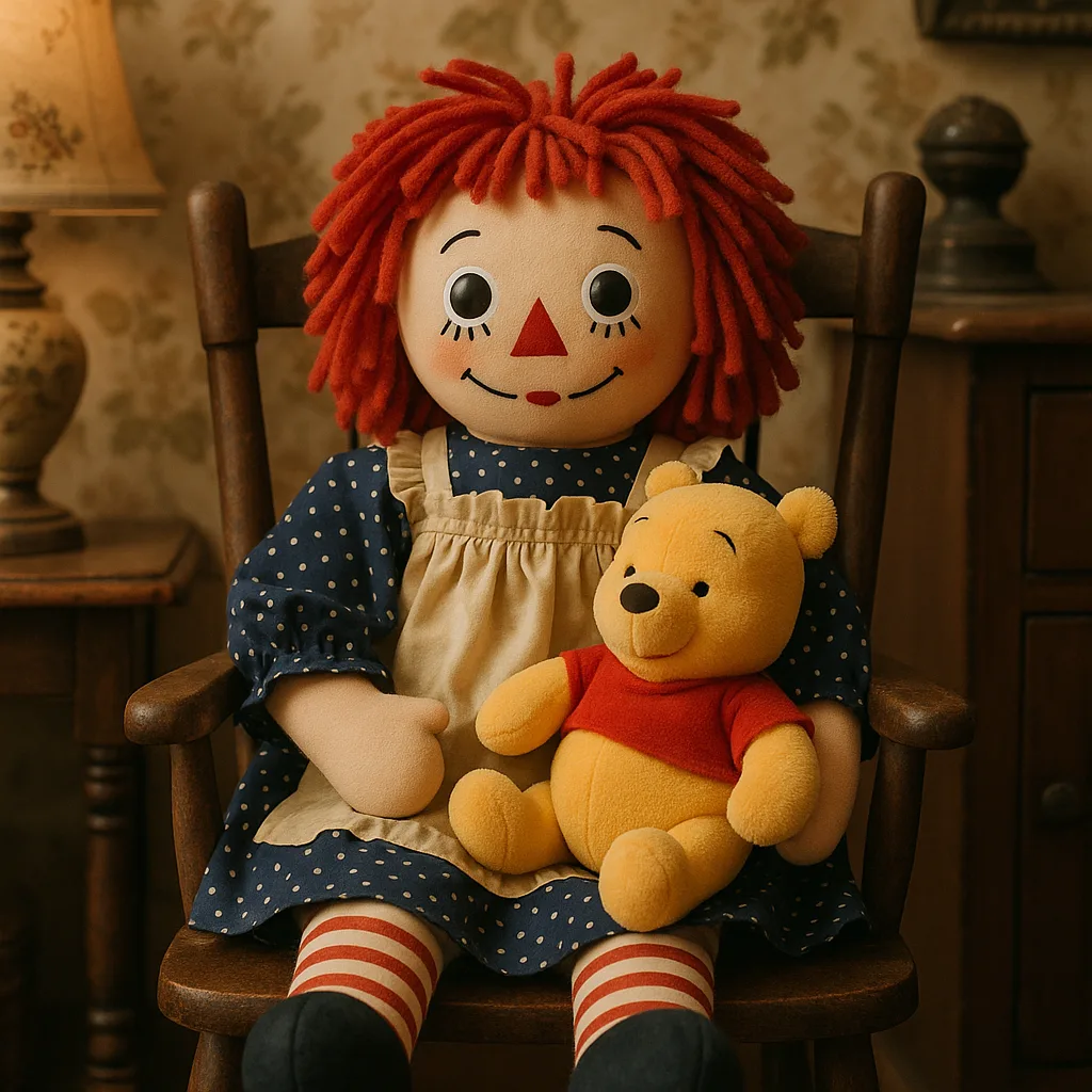 Red-haired Raggedy Ann Doll in a Polka-dot Dress Sits