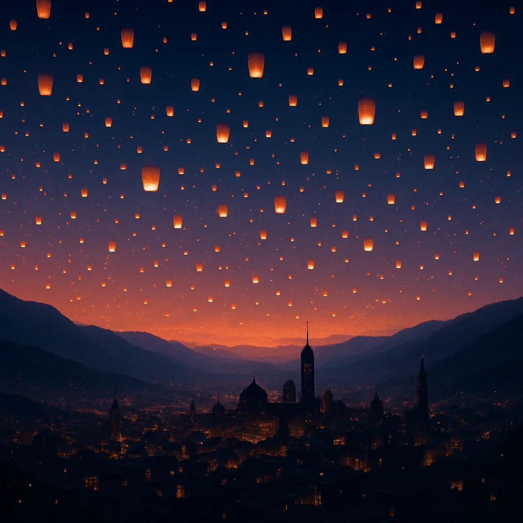Thousands of Tiny Paper Lanterns Ascend into the Twilight Sky