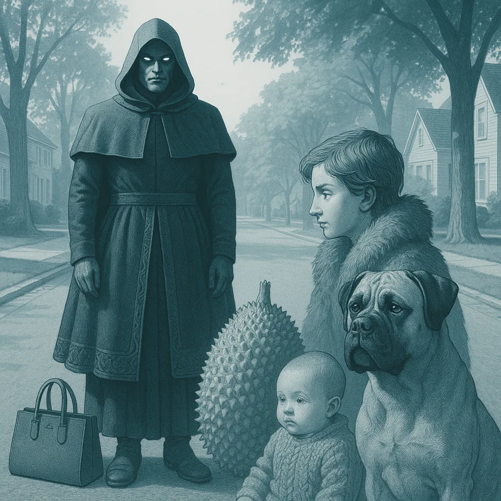 Narrative and Imaginative Scene Unfolds on a Quiet Tree-lined Street