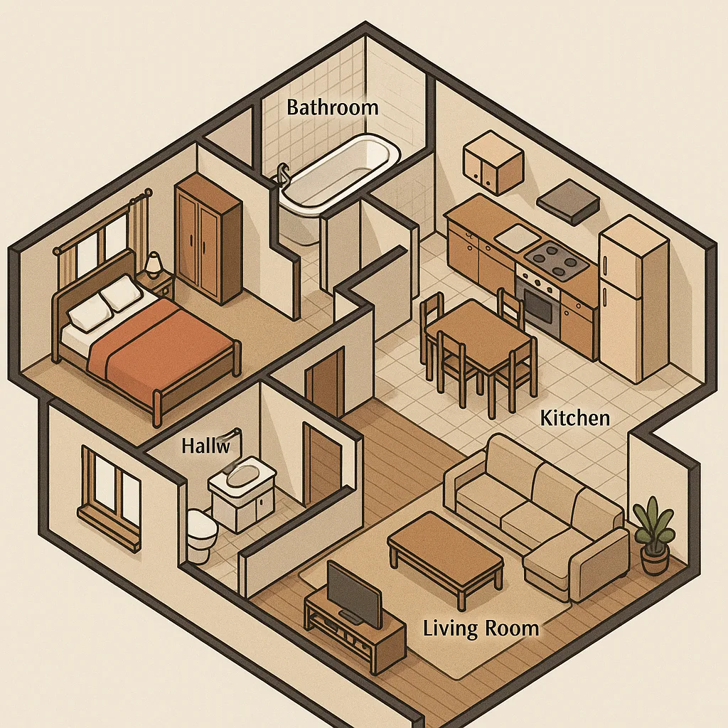 Detailed Isometric Illustration of a House's Floor Plan