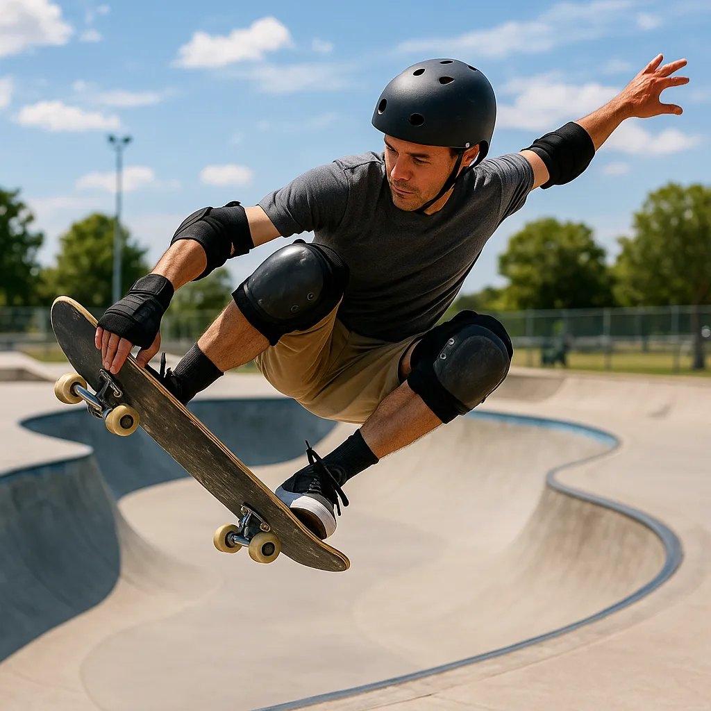 Skateboarder Wearing Protective Gear Performs a High-flying Trick