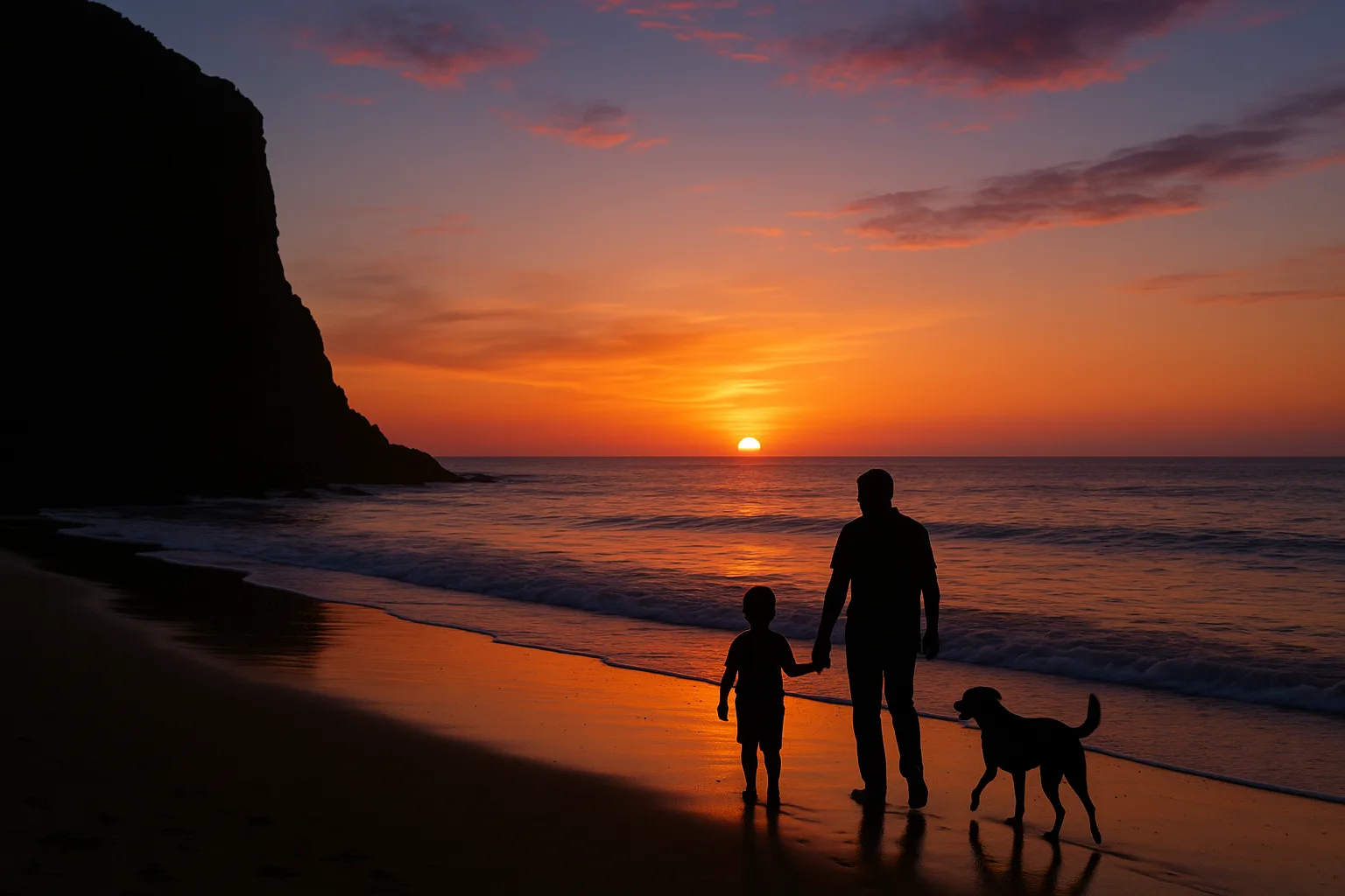 Serene Beach at Sunset with a Silhouetted Cliff