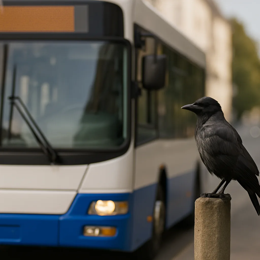 Picture Featuring a Bird Resting Close to a Bus