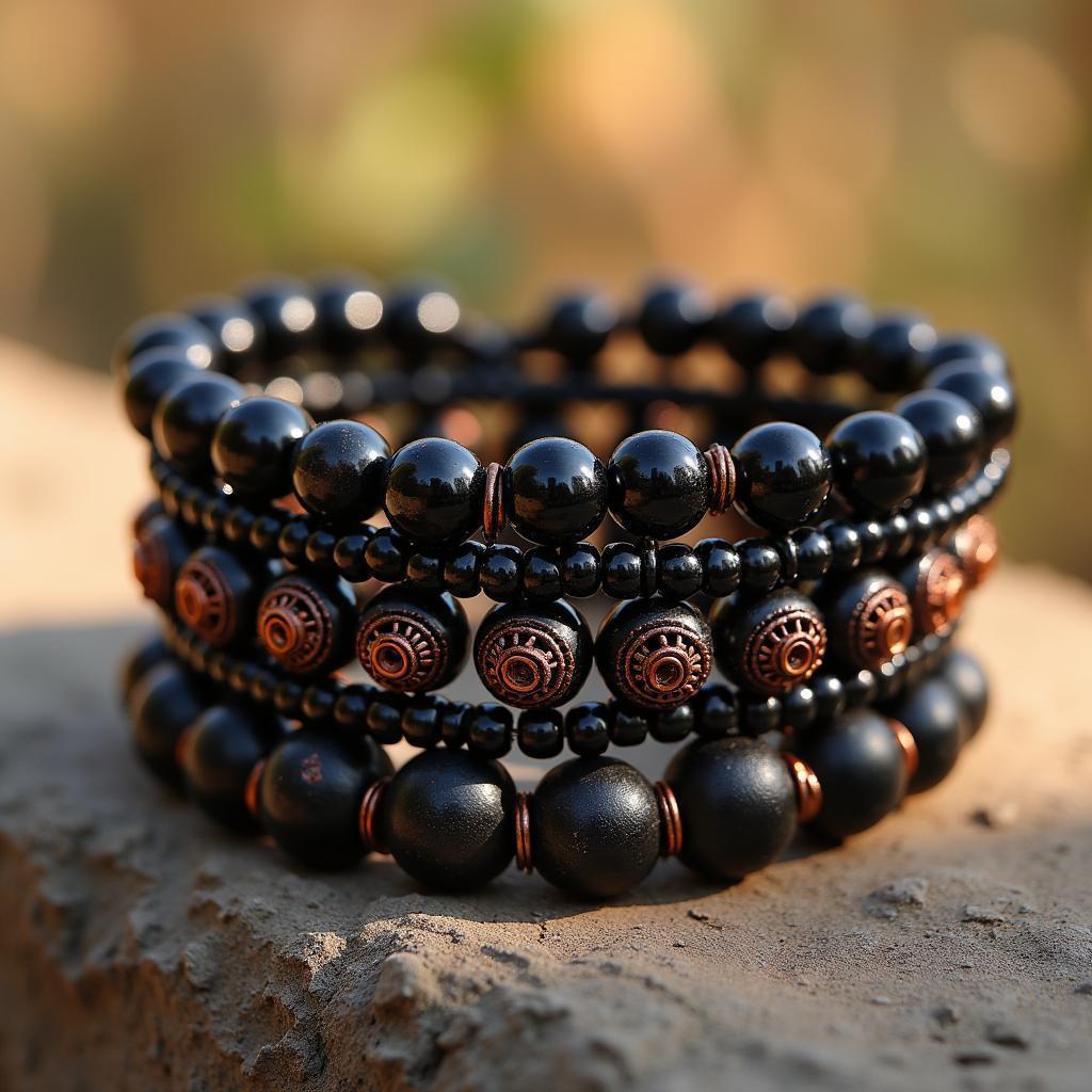 Stacked Black Bead Bracelets With Copper Accents