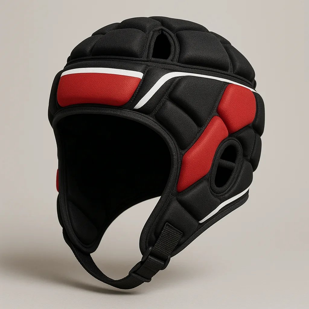 Black and Red Padded Sports Helmet with White Accents