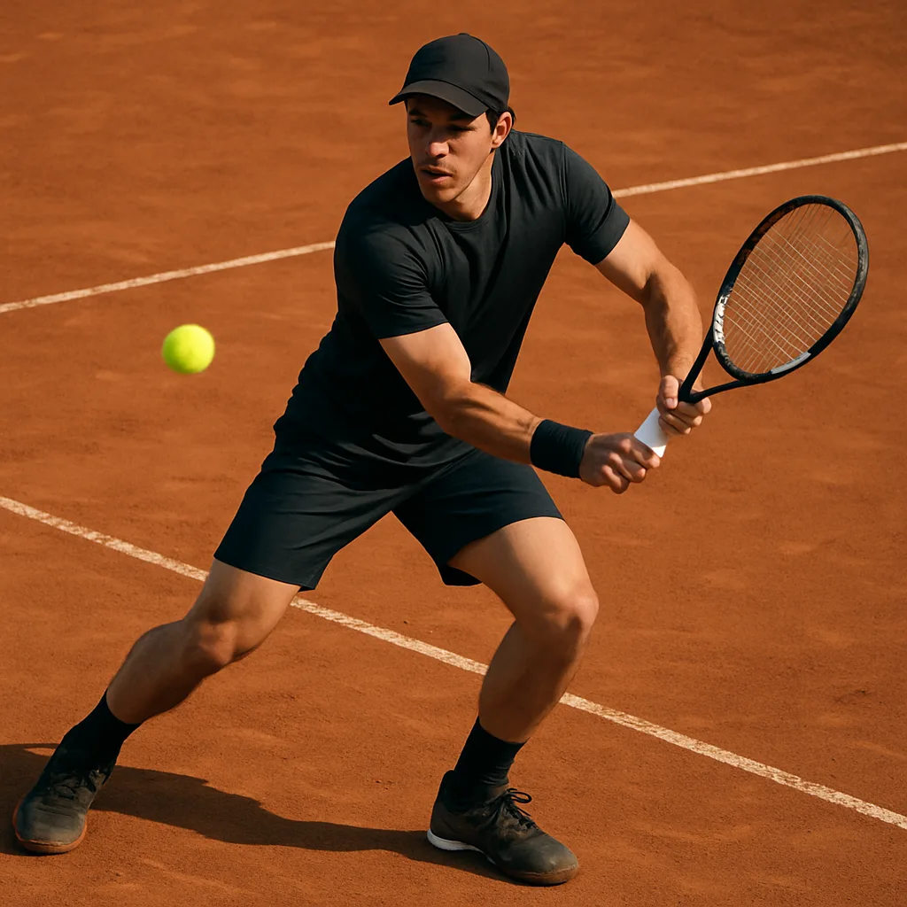 Tennis Player Wearing Dark Athletic Clothing Prepares to Hit