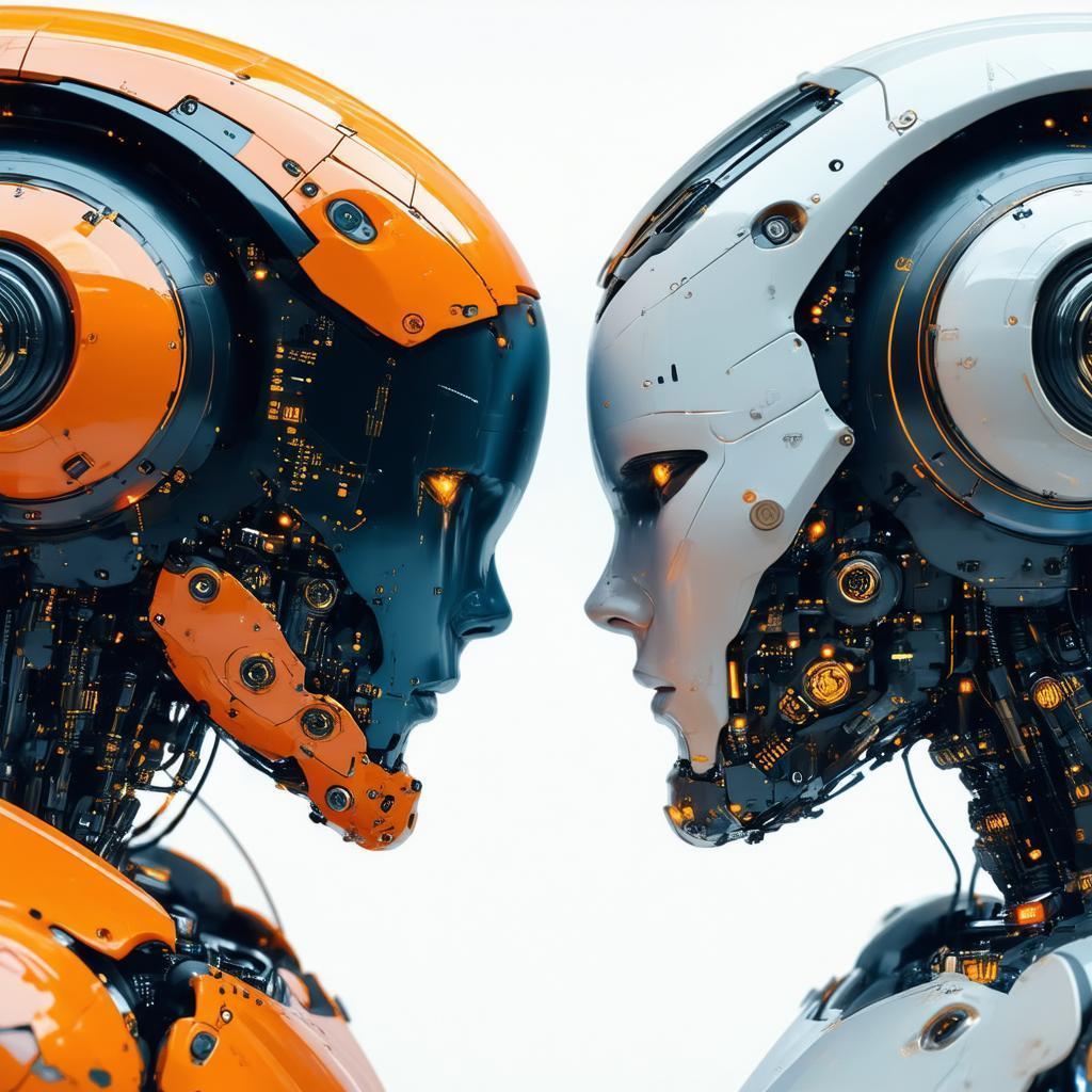Orange and Silver Robots Face to Face
