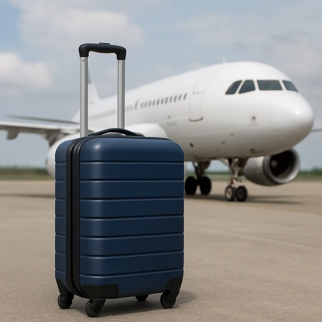 Image Featuring a Suitcase in the Foreground and an Airplane