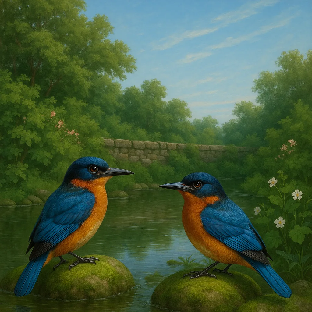 Two Vividly Feathered Birds Rest on Mossy