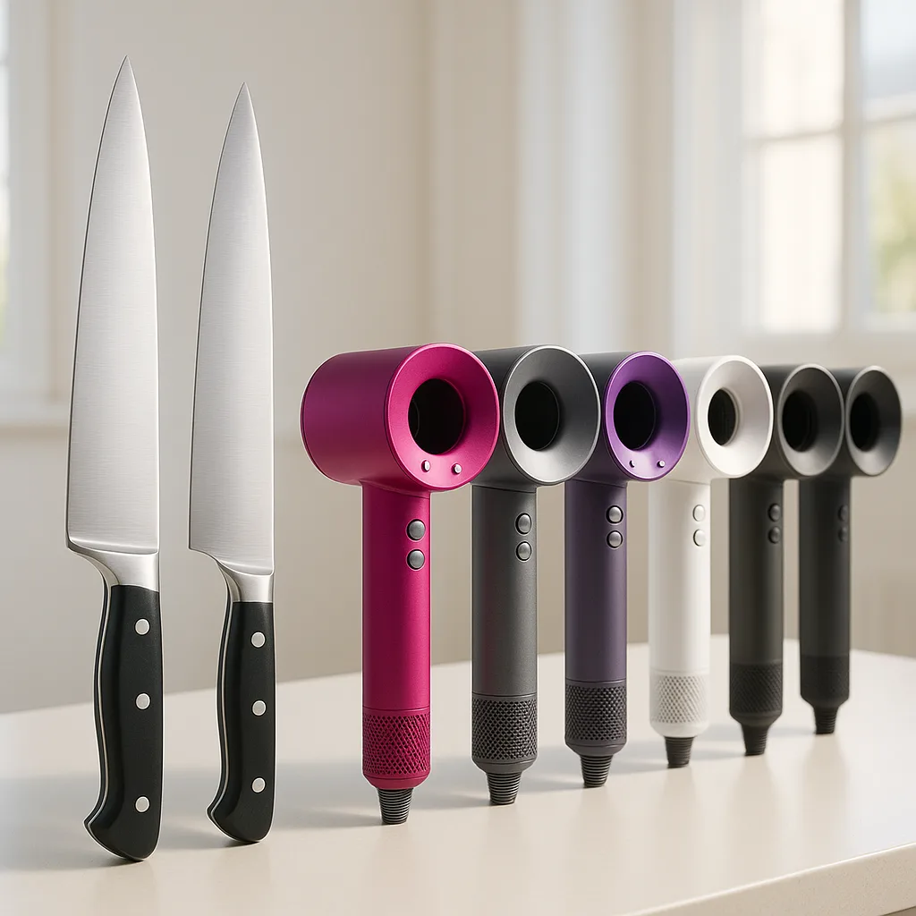 Describe a Brightly Illuminated Space Showcasing Three Sleek Kitchen Knives