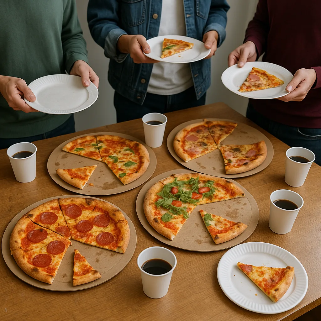 Table with Partially Eaten Pizzas