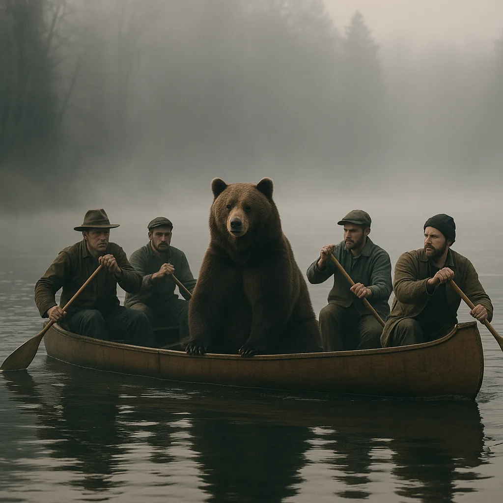 Bear Is Peacefully Seated in the Middle of a Canoe