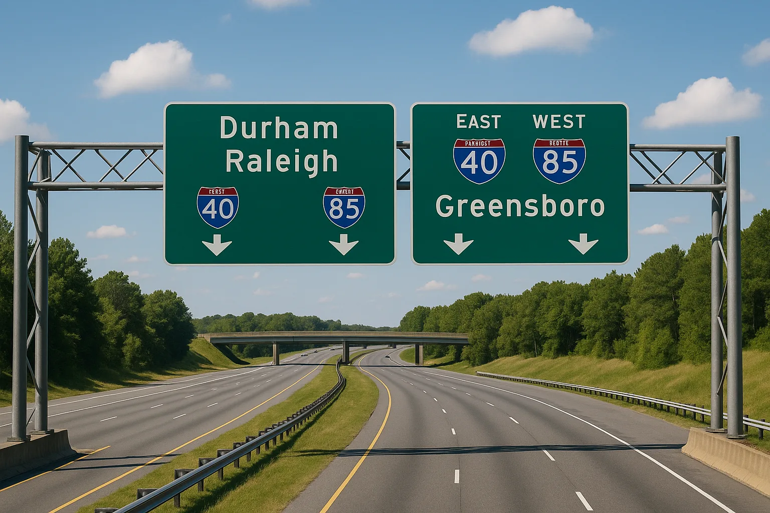Highway Intersection with Overhead Signs Directing Traffic Toward Durham