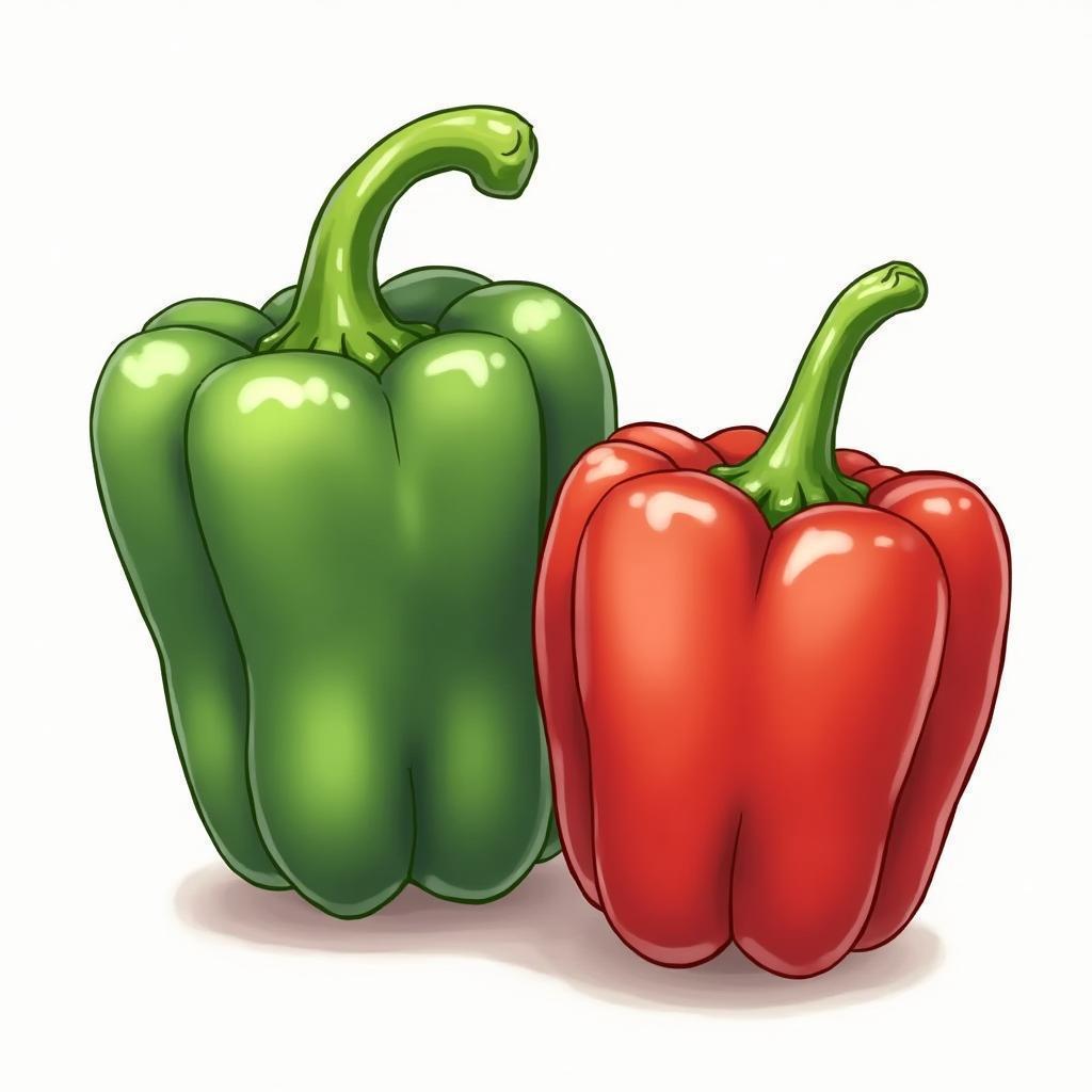 Green and Red Peppers in Detailed Anime
