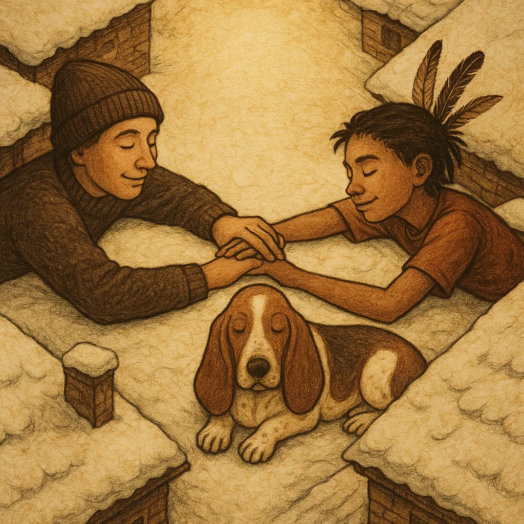 Papyrus-textured Snowy Rooftops Frame a Lover in a Beanie