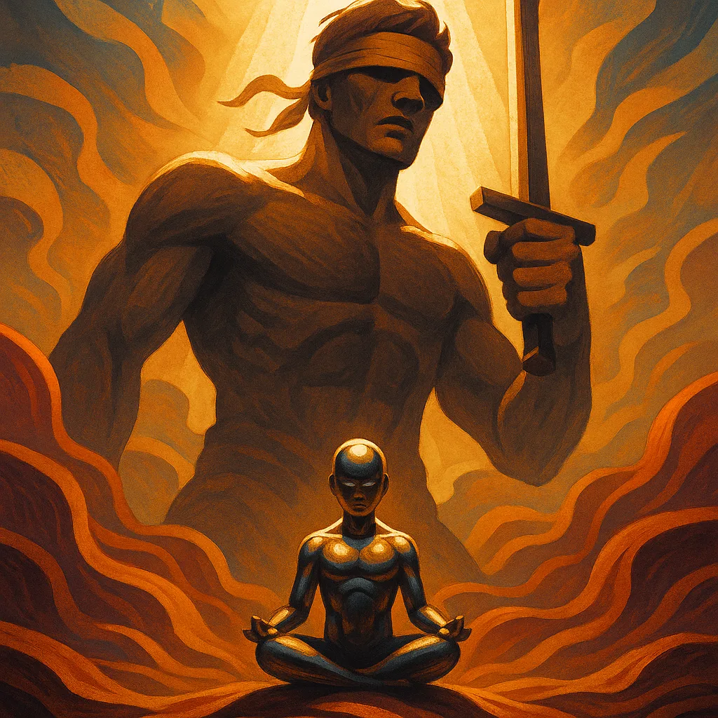 Diminutive Figure in Gleaming Metallic Meditates as a Blindfolded Hero