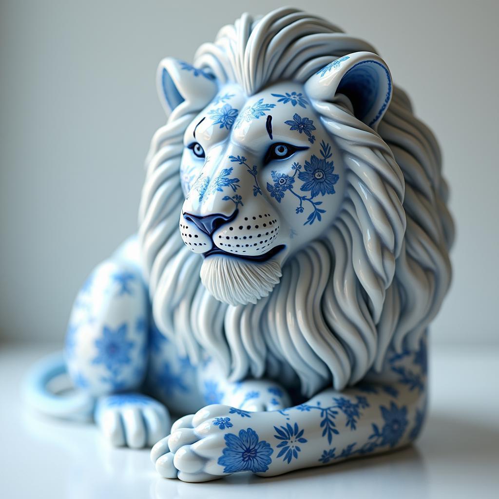 Porcelain Lion Adorned With Blue French Toile