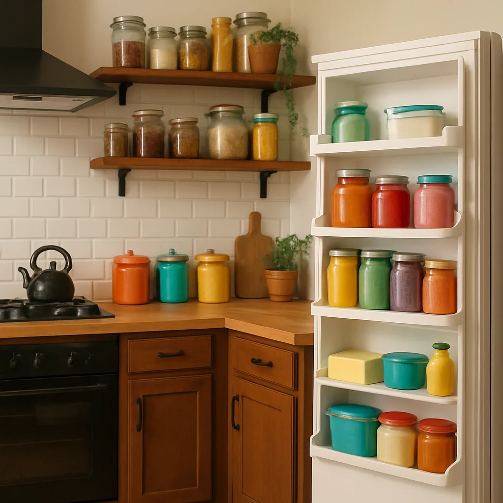 Culinary Space Featuring an Open Fridge Door and Shelves