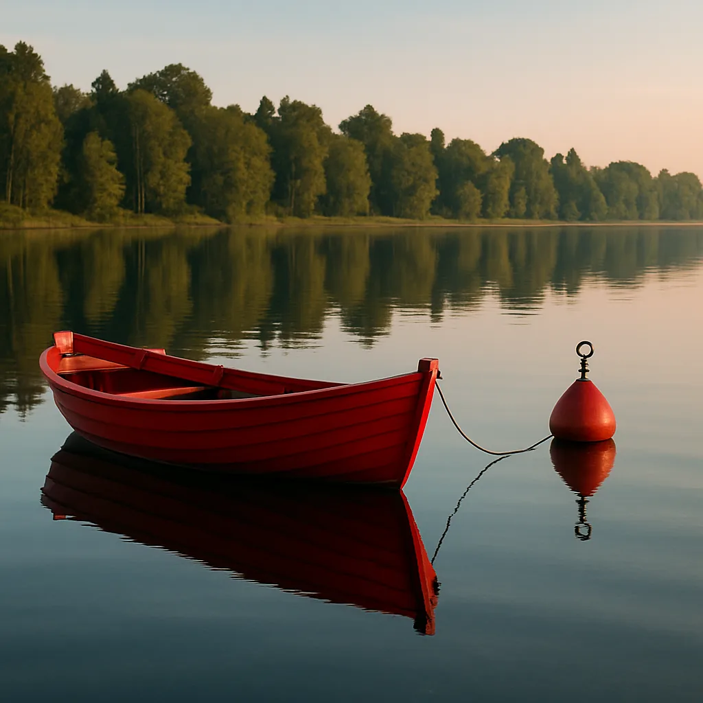 Red Boat and a Red Buoy Floating on Calm