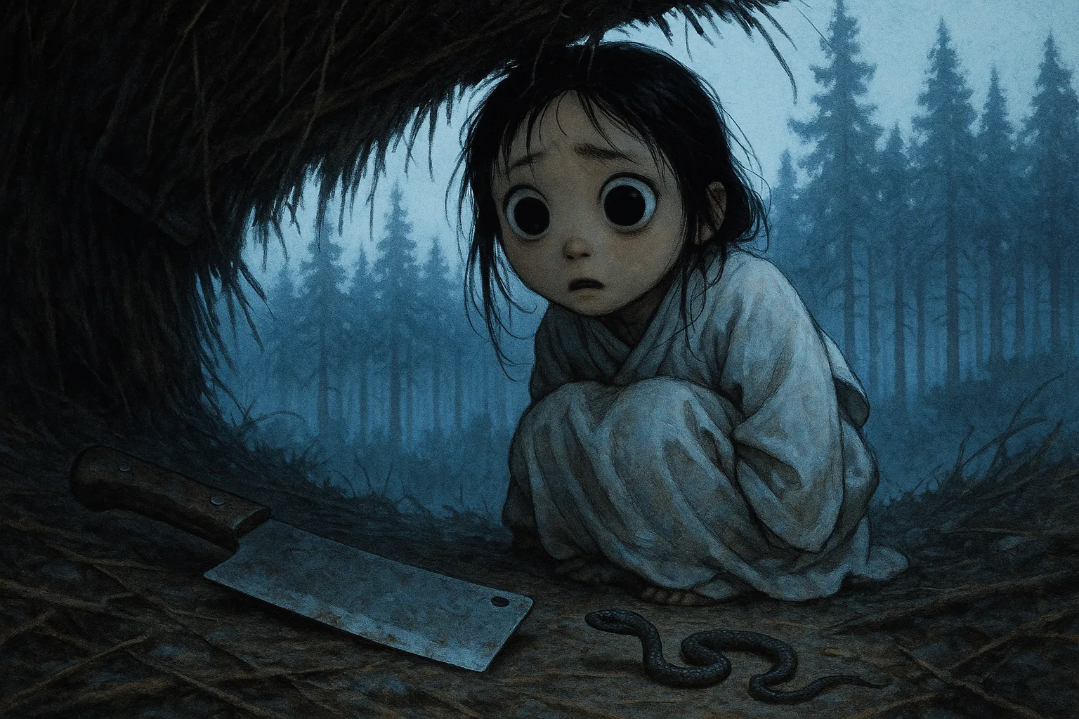 Innocent Silk-clad Figure Cowers Beneath Weathered Thatch