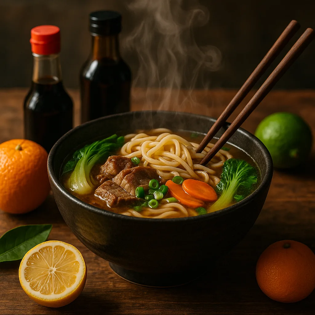 Steaming Bowl of Noodle Soup with Meat