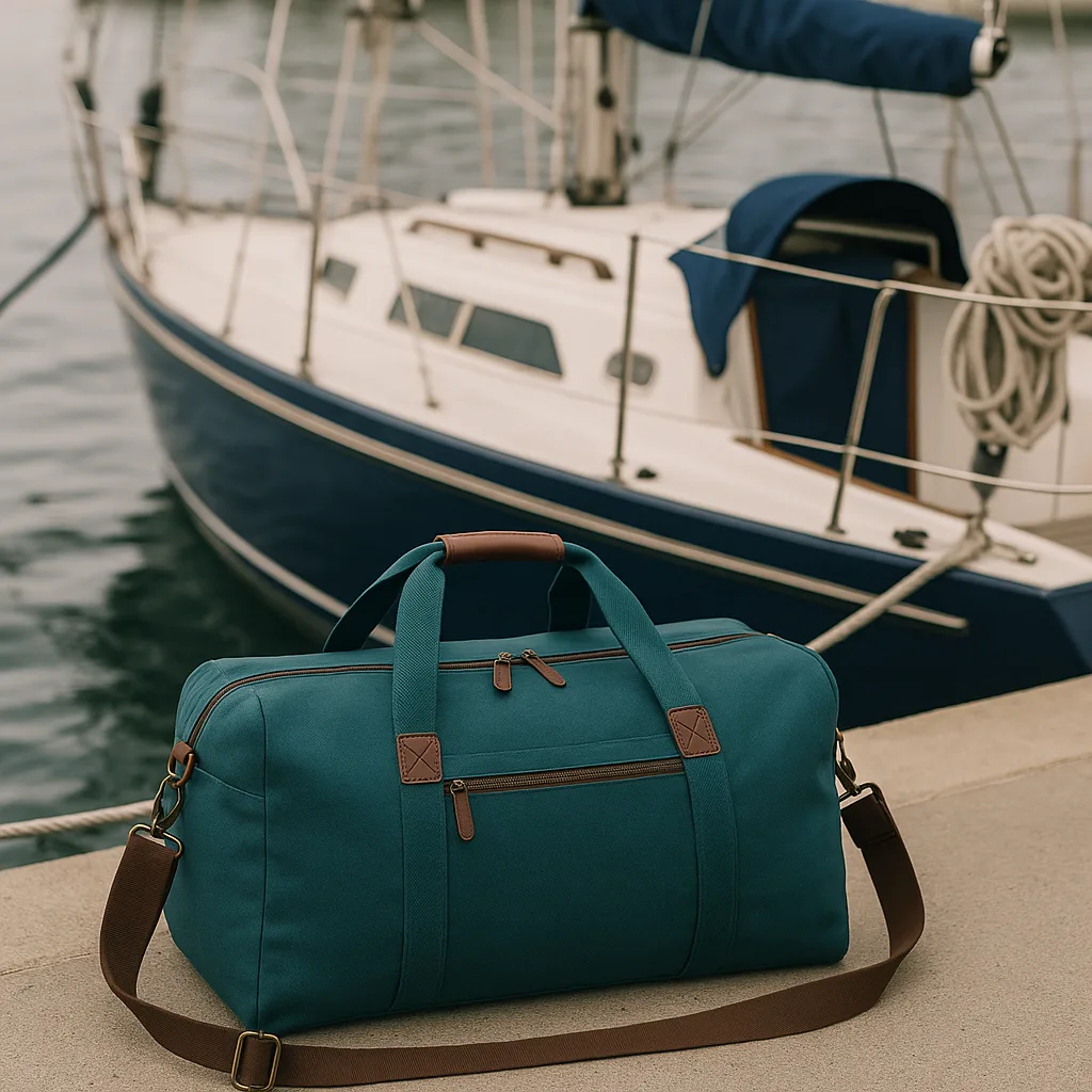Navy Sailboat with a Teal Travel Bag Positioned Nearby