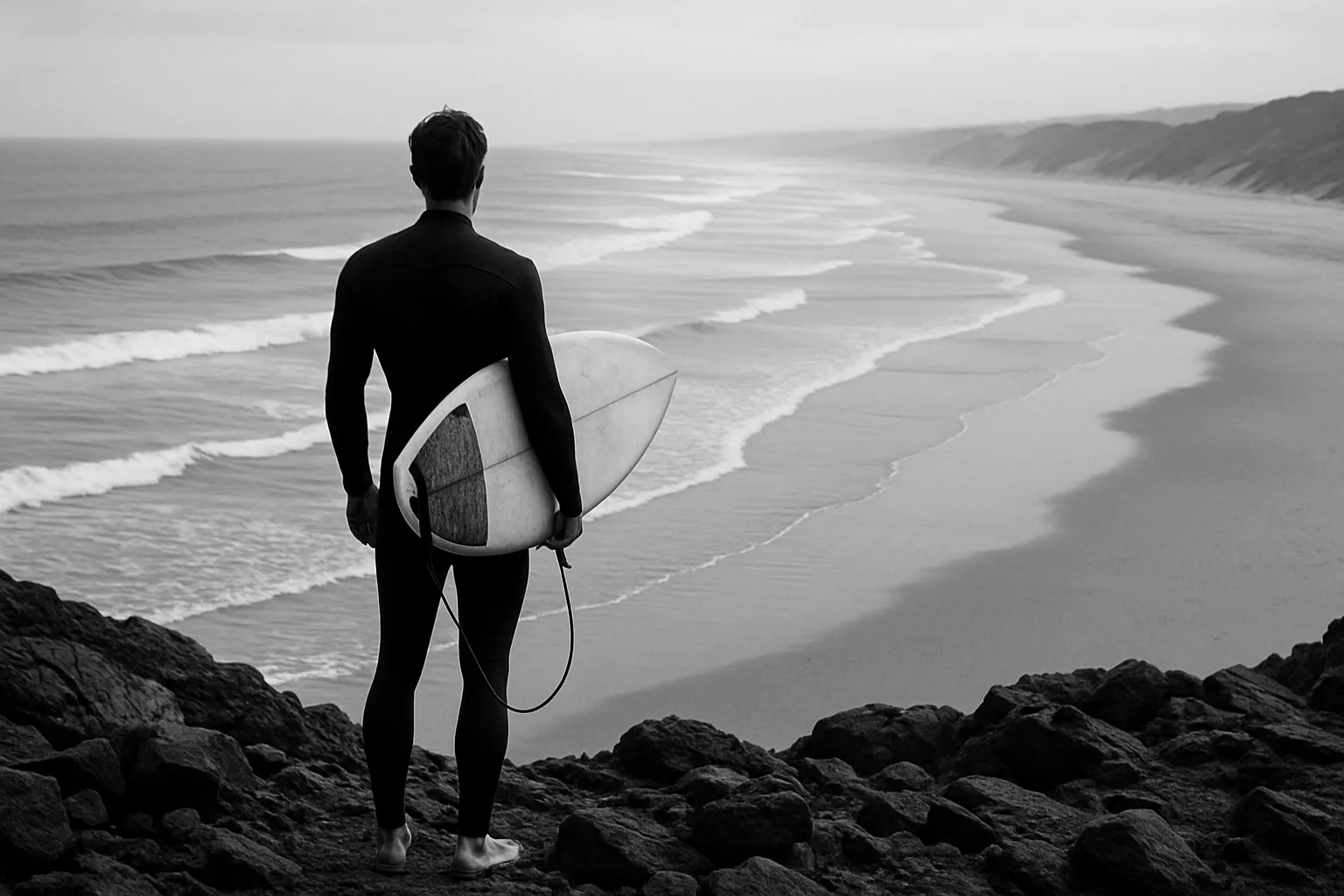 Lone Surfer Holding a Surfboard Stands on Rocky Shore