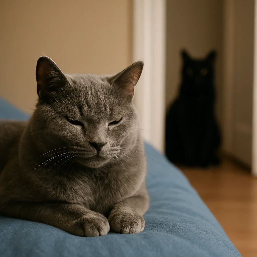 Gray Cat Rests on a Blue Surface in the Foreground