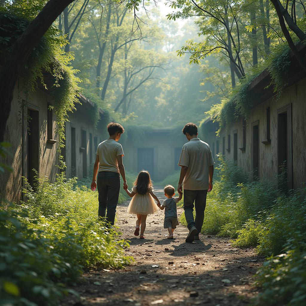 Family Playing in an Overgrown Apocalyptic Playground