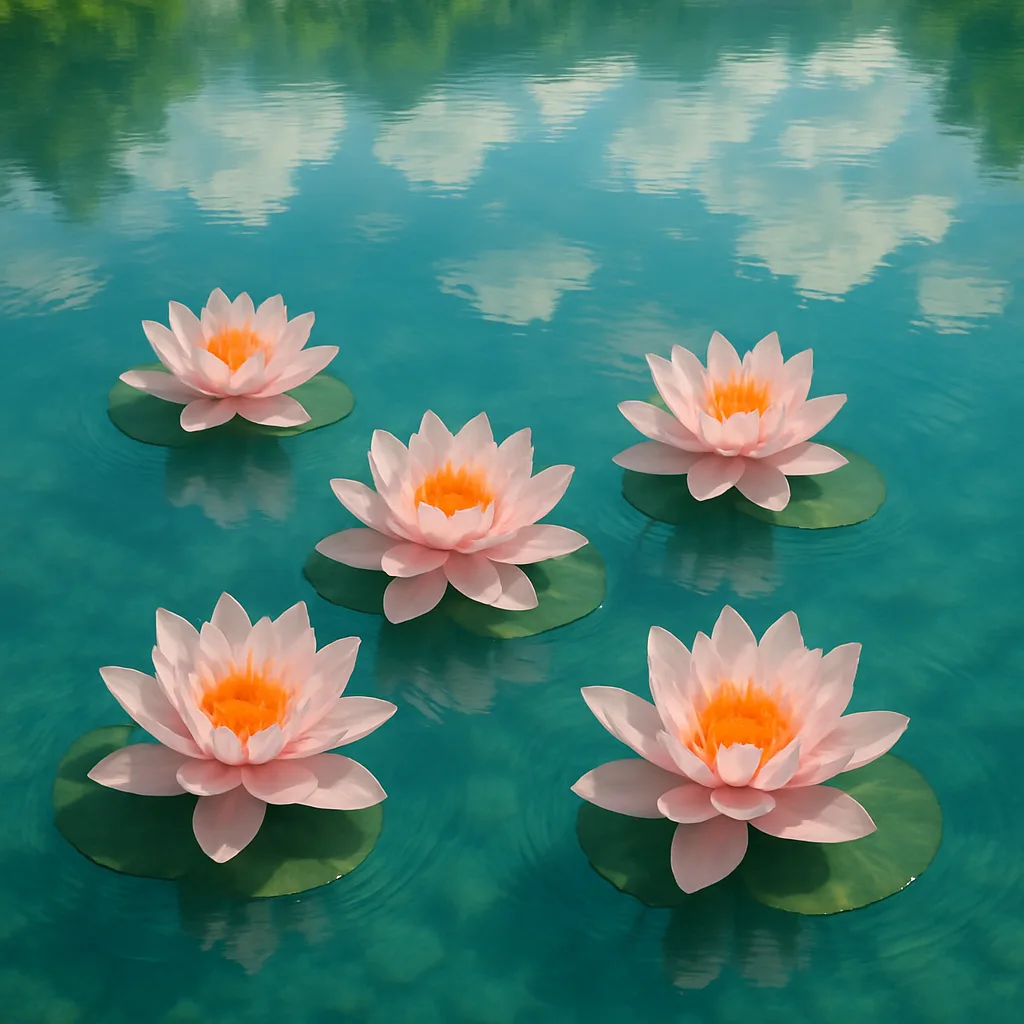 Tranquil Pond with Clear Turquoise Waters Hosts Five Graceful Pink