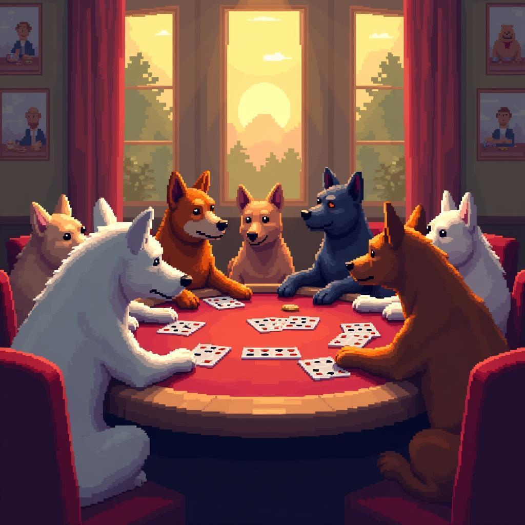 Seven Pixel Dogs Around a Poker Table