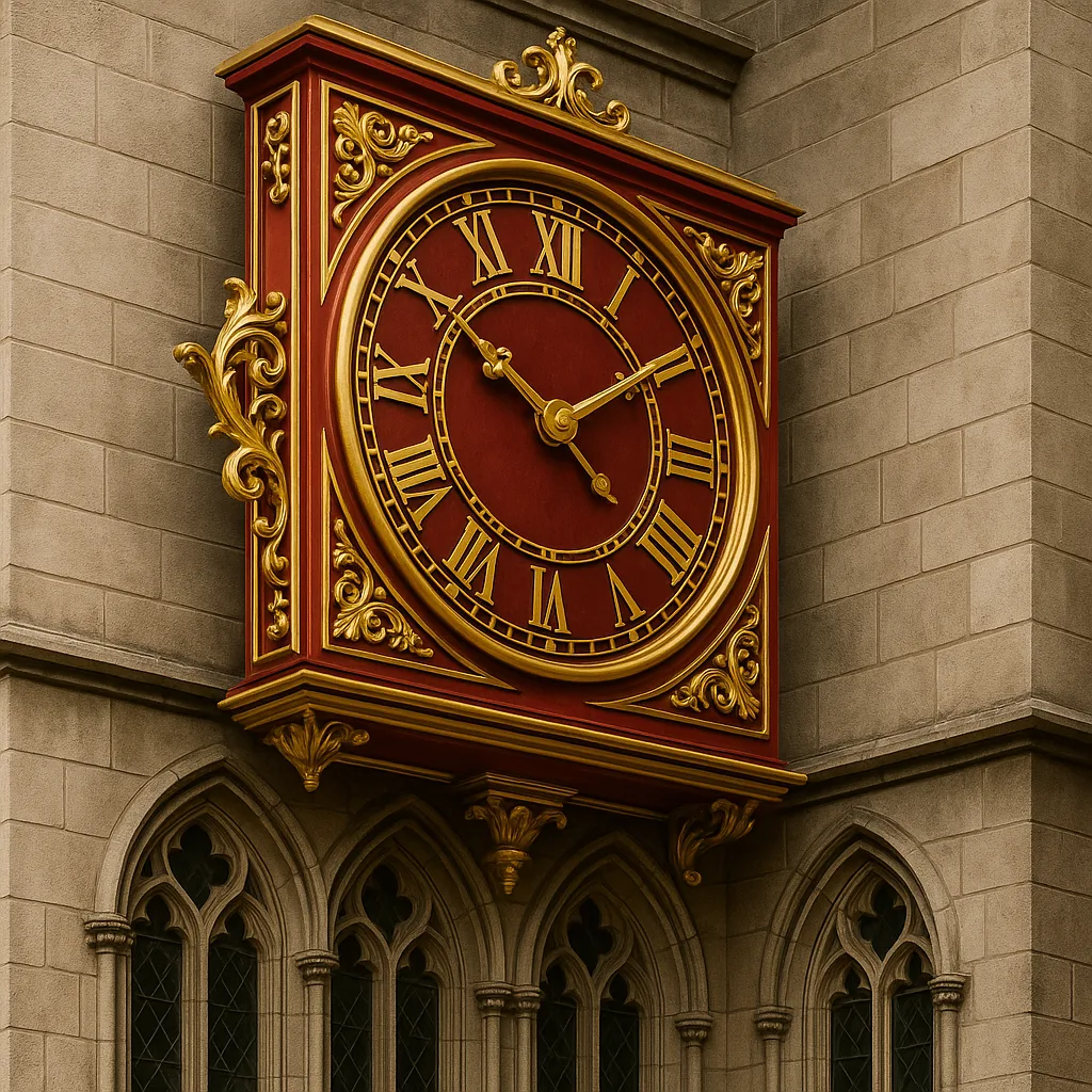 Decorative Red and Gold Clock on the Stone Facade